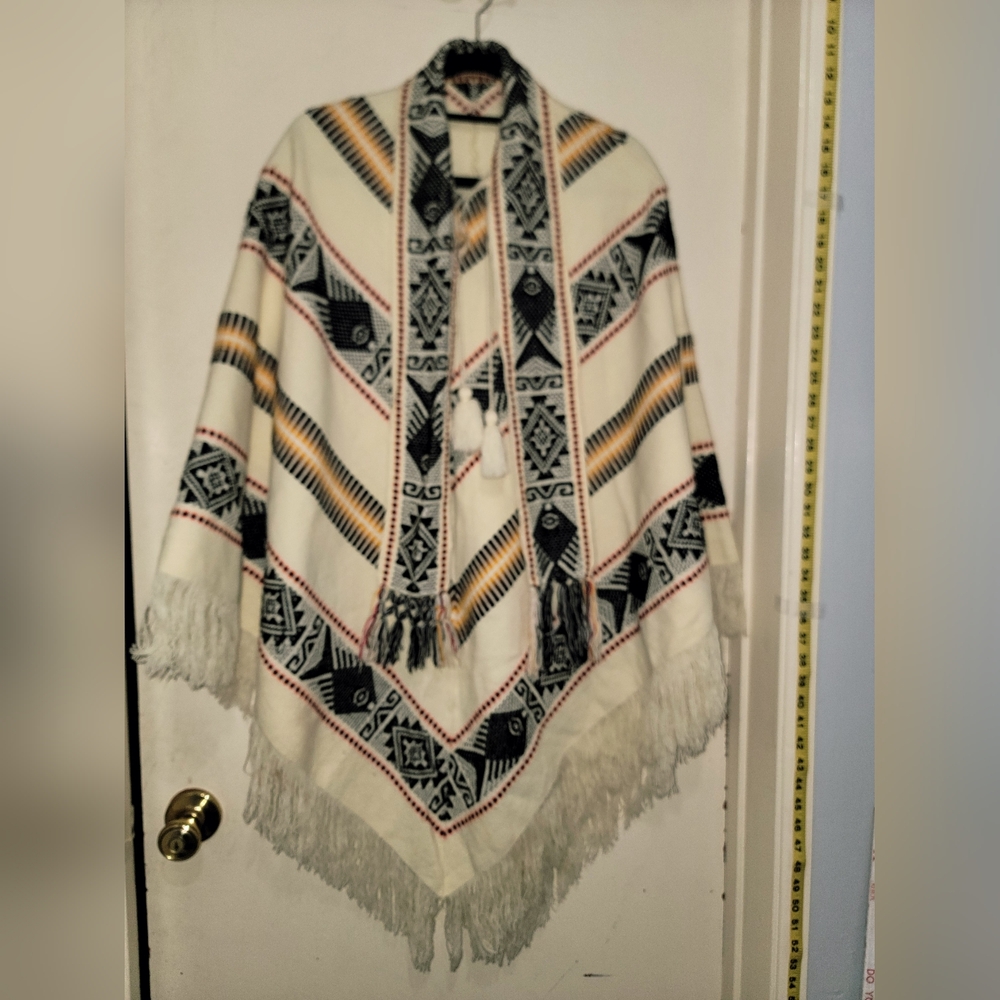 Geometric Patterned Fringe Poncho Handmade In Mexico